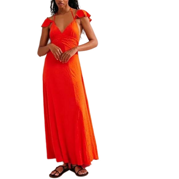 Free People Dresses & Skirts - Free People Bright Red Maxi Dress with Flutter Straps